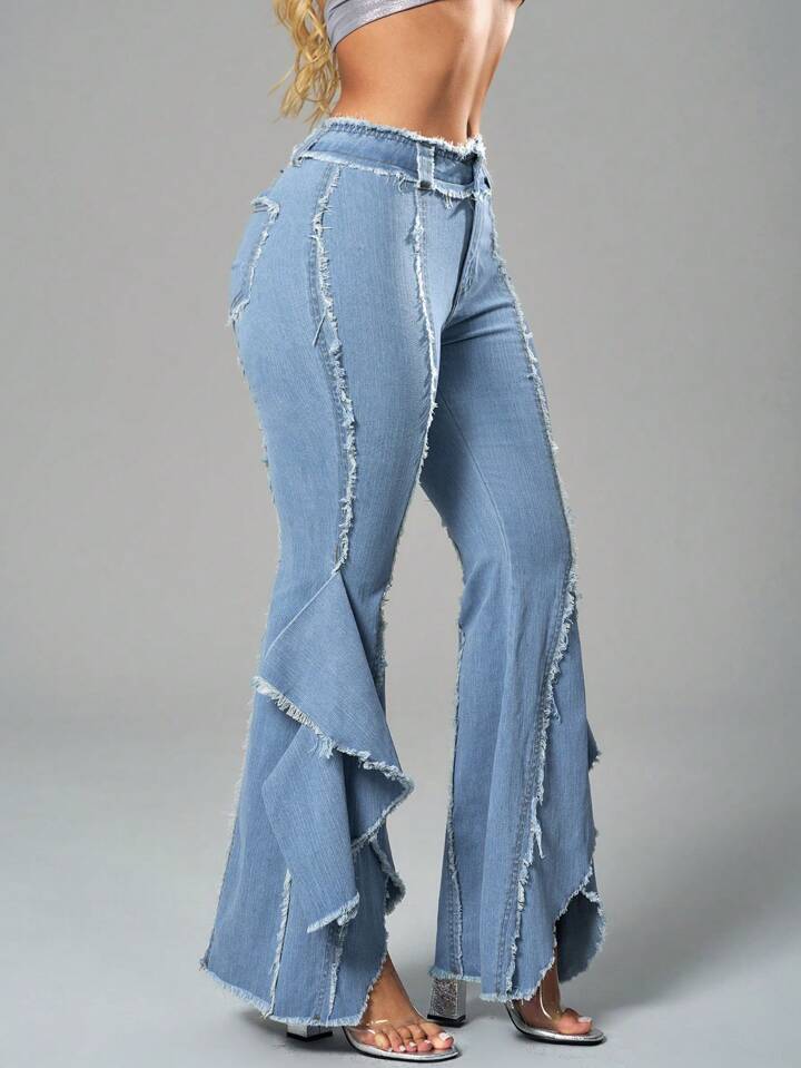 CM-BS291409 Women Casual Seoul Style Light Wash Raw Edge High-Waist Flared Denim Jeans