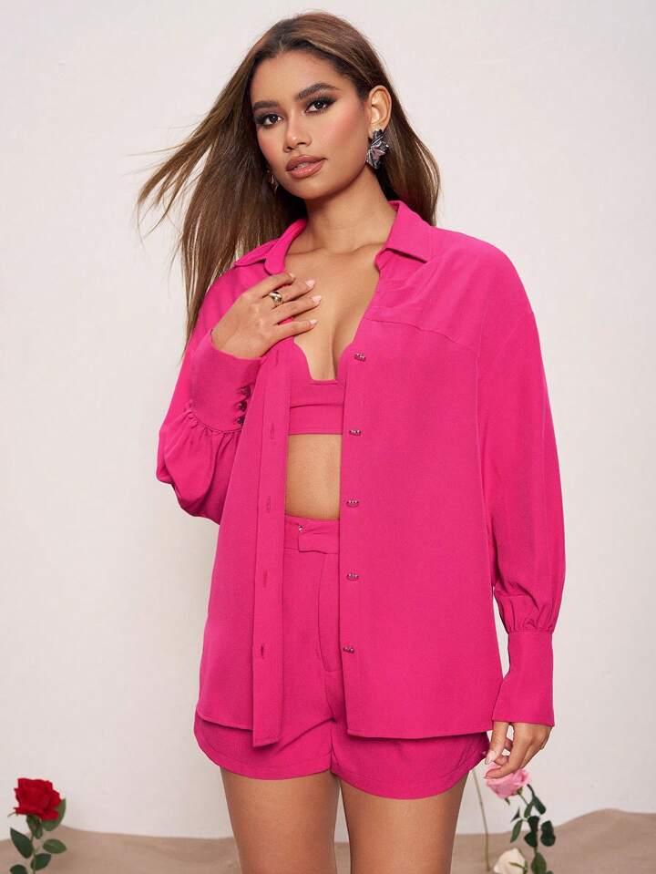 CM-TS560262 Women Casual Seoul Style Loose-Fitting Dropped Shoulder Long Sleeve Shirt - Hot Pink