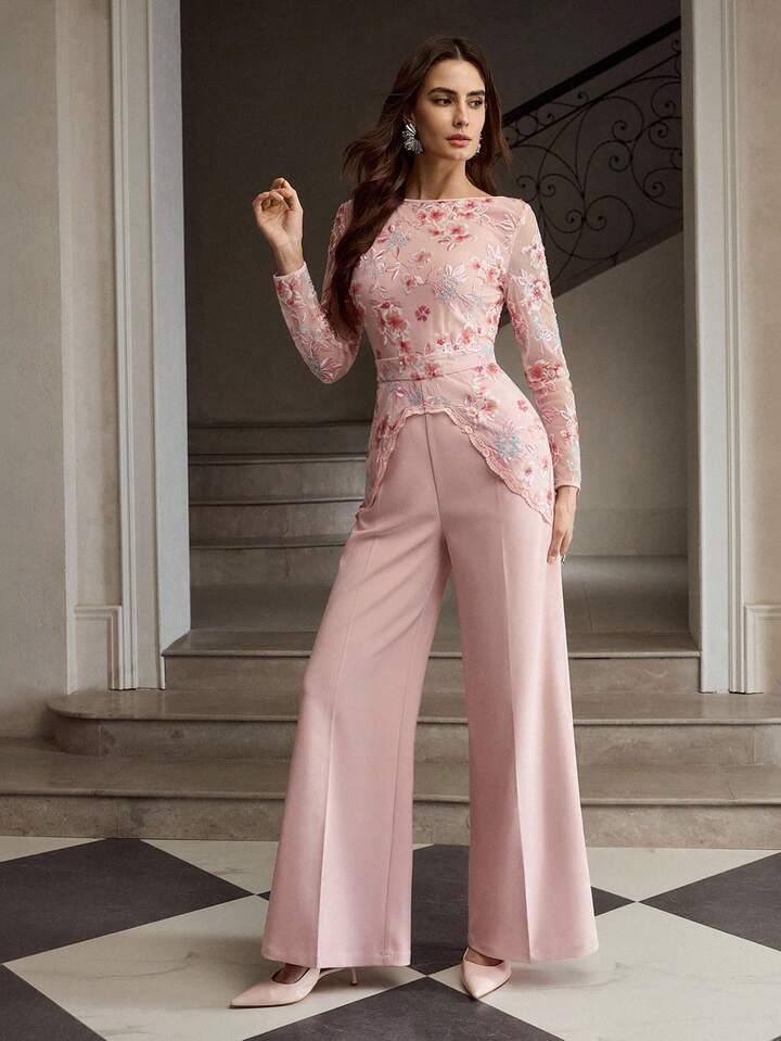 CM-JS811501 Women Elegant Seoul Style Floral Embroidery Mesh Patchwork Sequin Loose Wide Leg Jumpsuit
