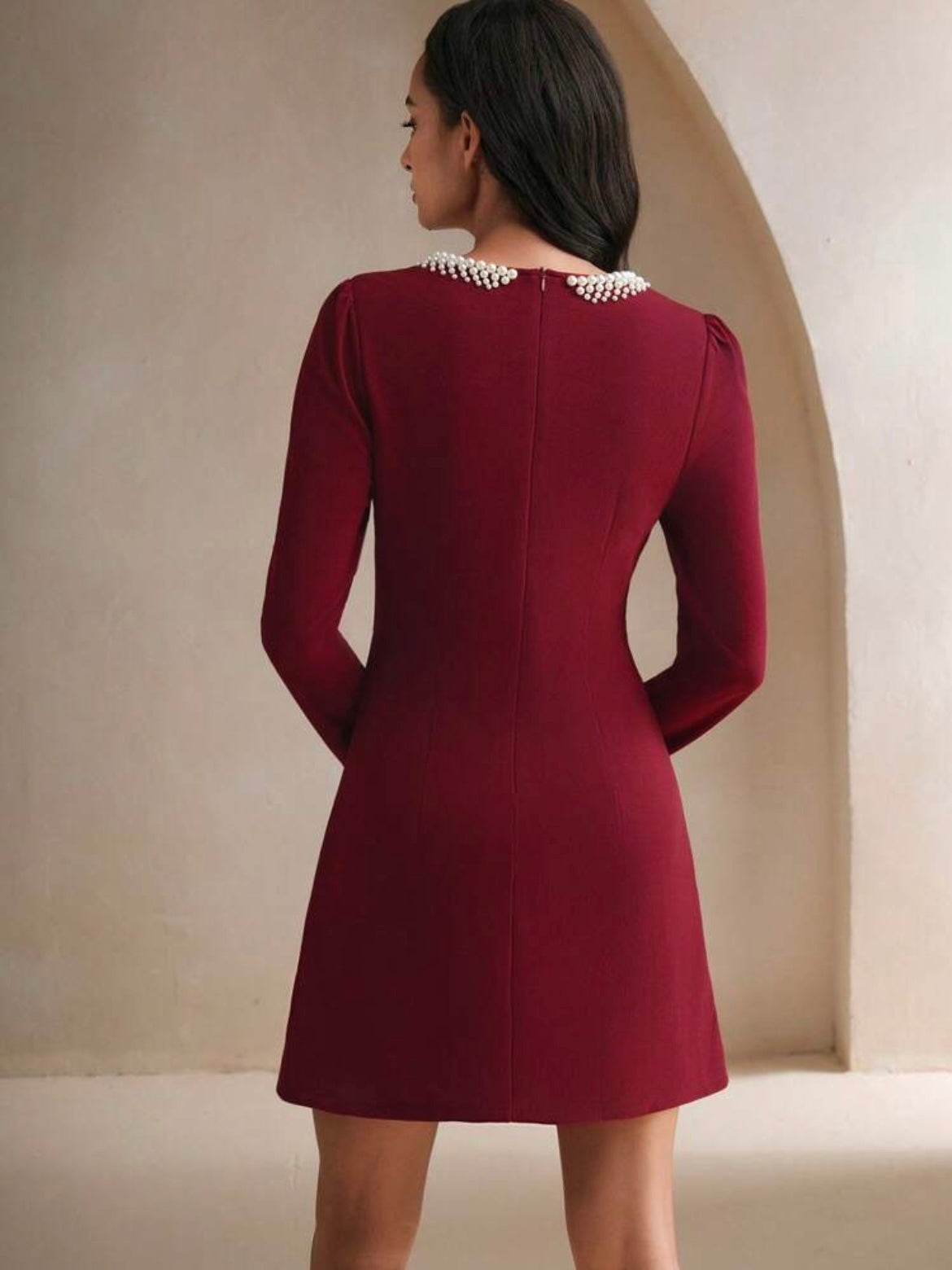 CM-DS243828 Women Elegant Seoul Style Rhinestone Pearl Decor Round Neck Long Sleeve Waisted Dress