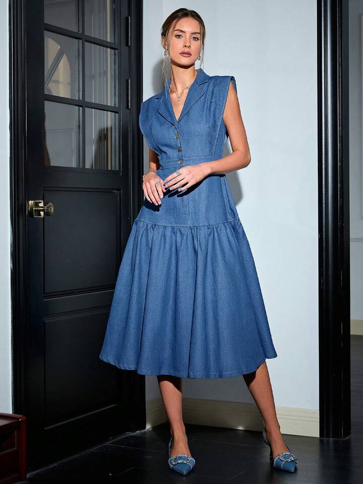 CM-DS599743 Women Elegant Seoul Style Lapel Neckline Sleeveless Midi Dress - Blue