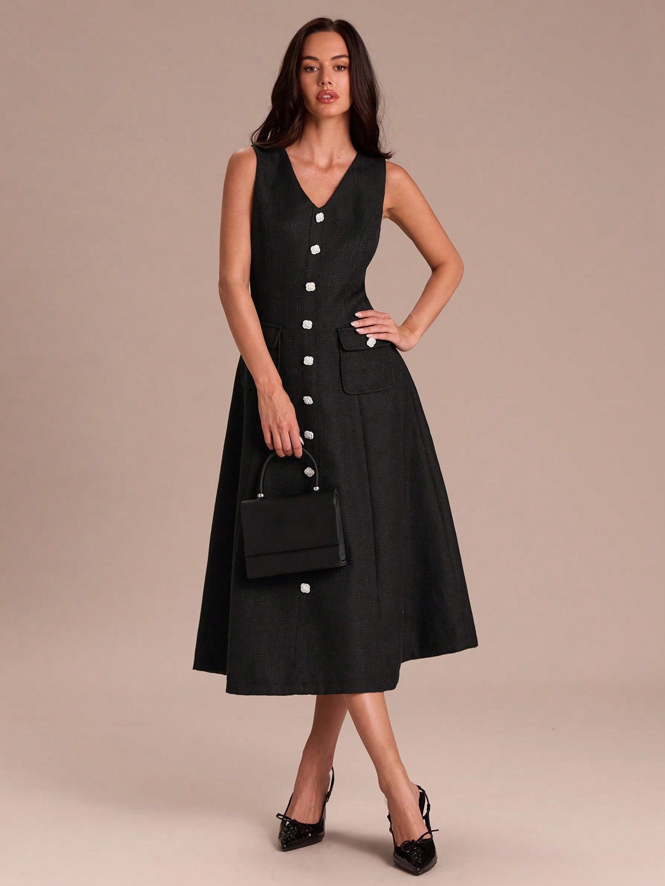 CM-DS919991 Women Elegant Seoul Style V-Neck Sleeveless Woven A-Line Flared Midi Dress With Pockets - Black