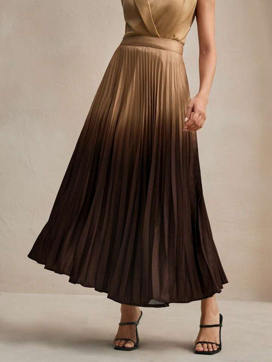 CM-BS892088 Women Elegant Seoul Style High Waist Ombre Pleated A-Line Maxi Skirt - Khaki