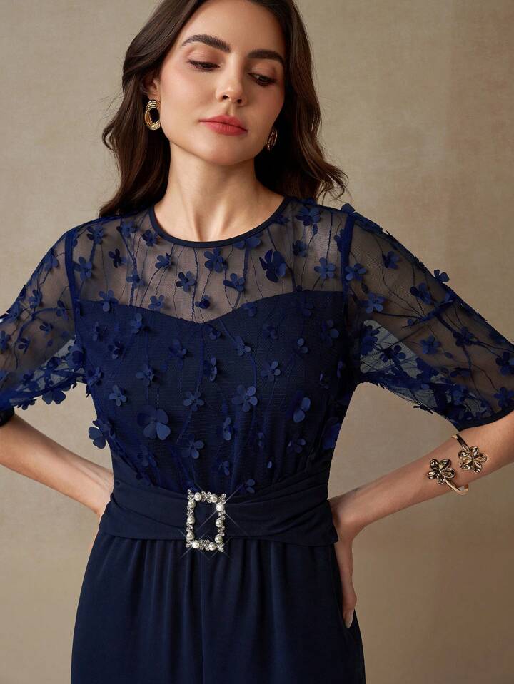 CM-JS605655 Women Elegant Seoul Style Round Neck Half Sleeve Mesh Buckle Wide Leg Jumpsuit