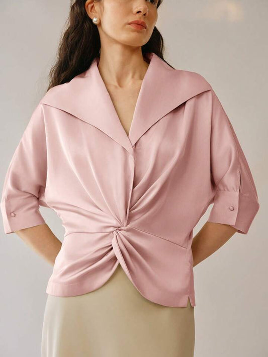CM-TS548202 Women Elegant Seoul Style Waterfull Neckline Twill Lapel Twist Batwing Sleeve Blouse - Dusty Pink