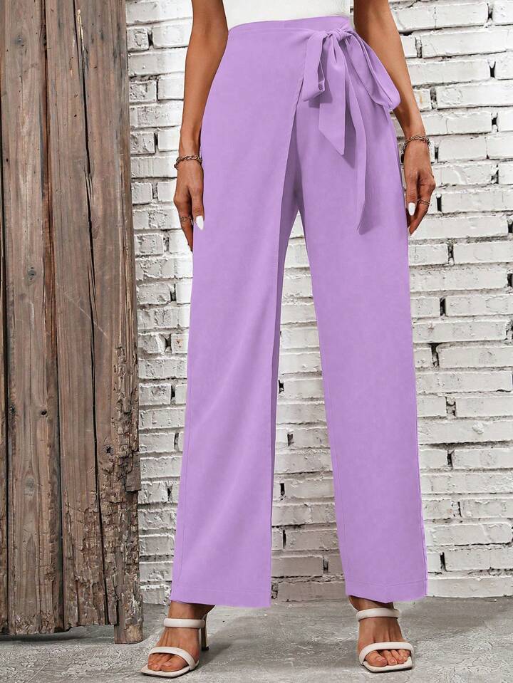 CM-BS627173 Women Casual Seoul Style Side Tie High Waist Straight Leg Pants - Mauve Purple