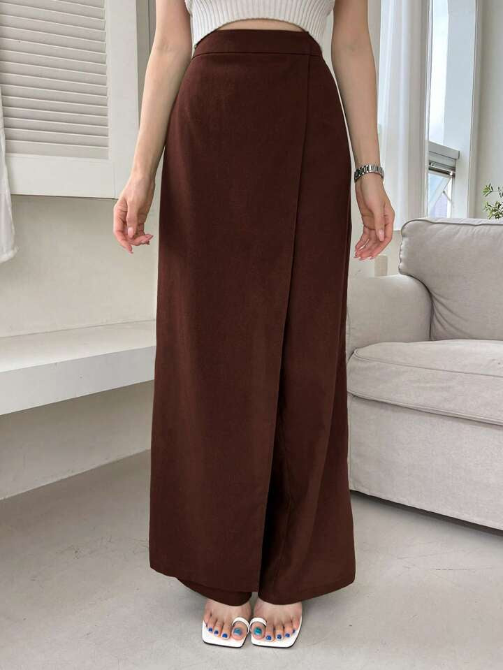 CM-BS005160 Women Casual Seoul Style Asymmetric Loose Fit Wide Leg Pants - Coffee Brown