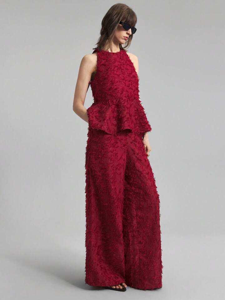 CM-SS069998 Women Elegant Seoul Style Texture Round Neck Sleeveless Top With Wide Leg Pants - Set
