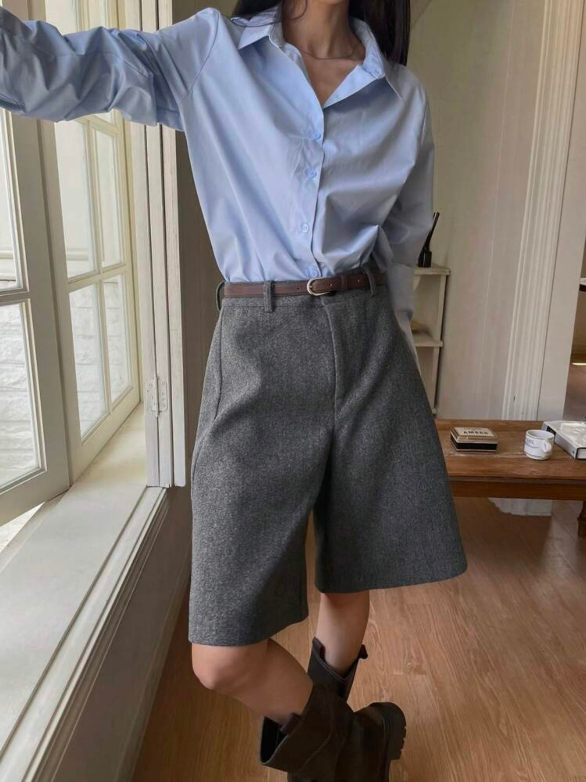 CM-BS951197 Women Casual Seoul Style Loose Straight Leg Casual Wide Leg Shorts - Dark Gray