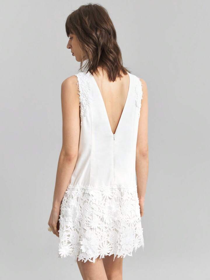 CM-DS603272 Women Elegant Seoul Style Solid Color Lace Patchwork Round Neck Sleeveless Mini Dress