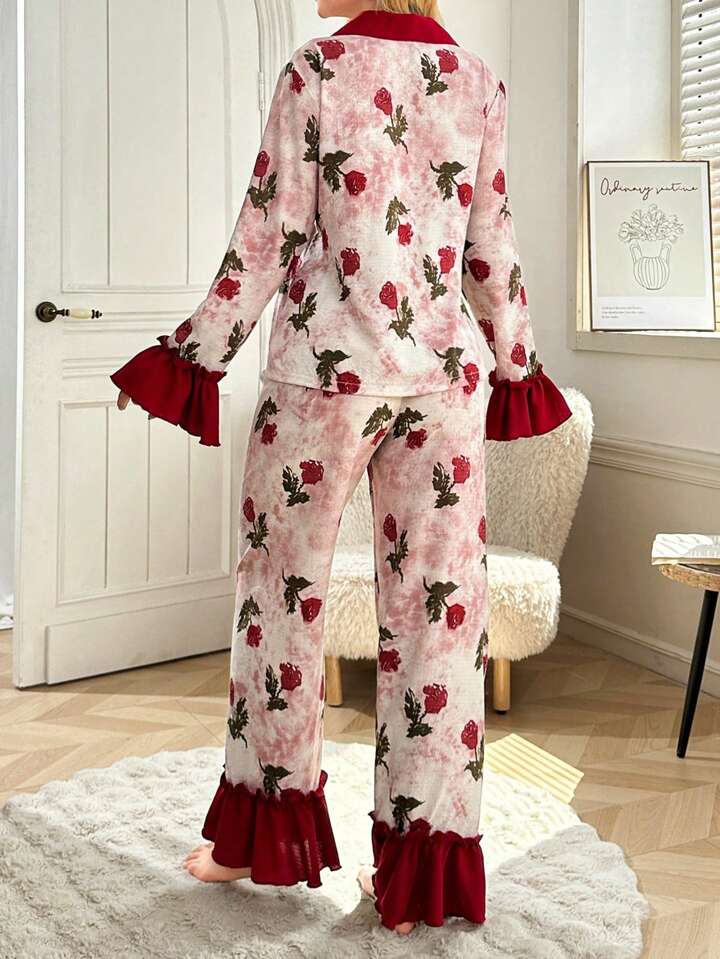 CM-LS114412 Women Trendy Seoul Style Colorblock Ruffle Collar Bubble Crepe Floral Print Sleepwear Set