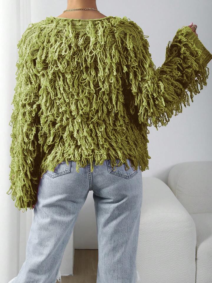 CM-CS902365 Women Casual Seoul Style Long Sleeve Shaggy Knit Duster Cardigan - Olive Green