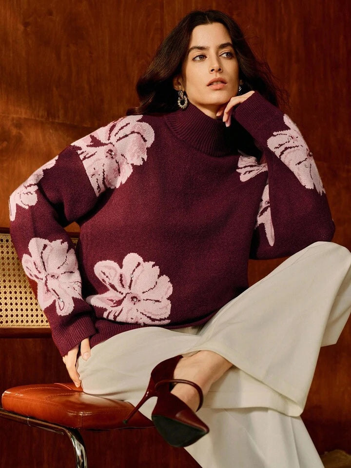 CM-CS981423 Women Casual Seoul Style Stand Collar Long Sleeve Floral Rhinestone Embellished Sweater