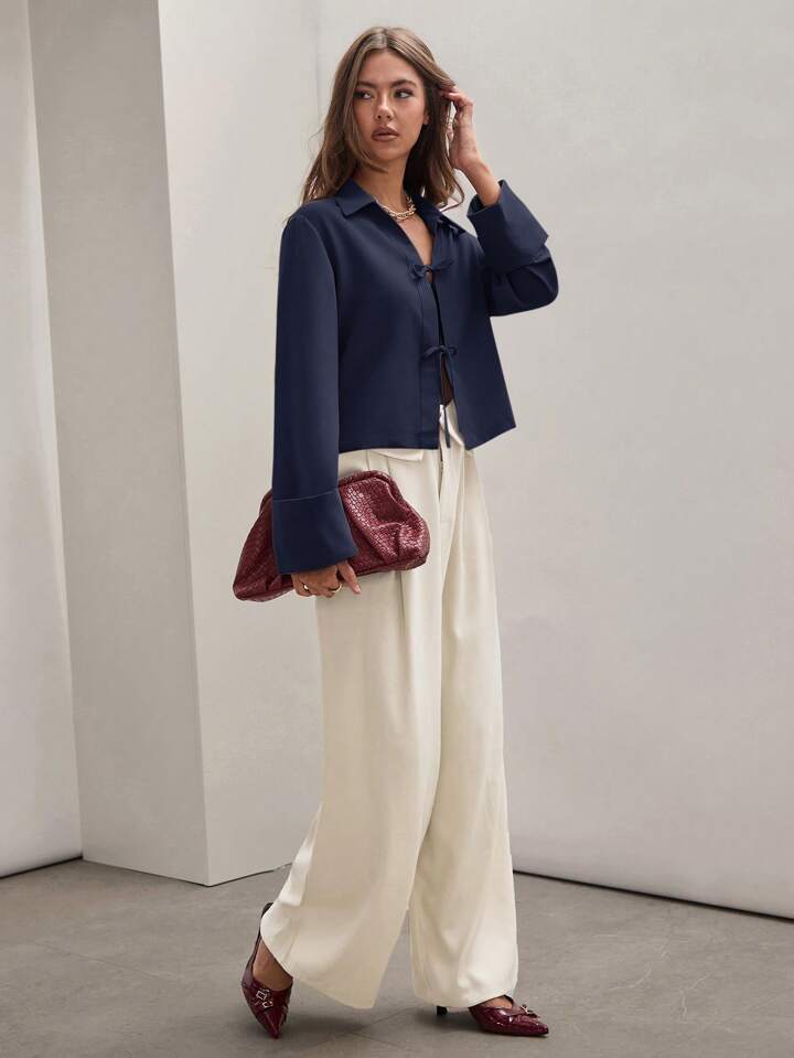 CM-TS870256 Women Trendy Bohemian Style Shirt Collar Front Tie Long Sleeve Shirt - Royal Blue