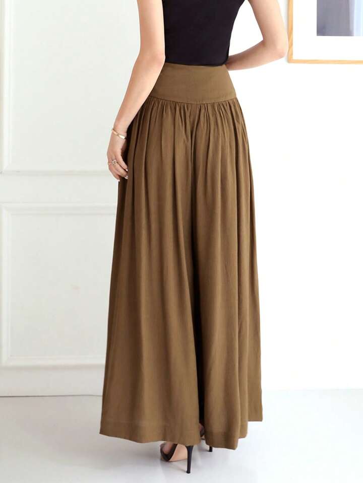 CM-BS515588 Women Casual Seoul Style Chinese-Style Pleated Waist Wide Leg Pants - Coffee Brown