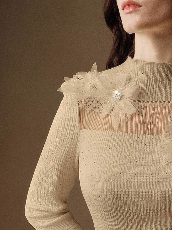 CM-TS240724 Women Elegant Seoul Style Floral Appliques Stand Collar Extra Long Flared Sleeve Blouse - Khaki