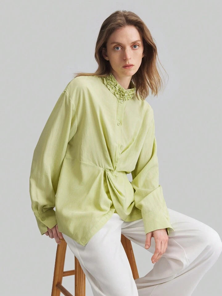 CM-TS540434 Women Elegant Seoul Style Stand Collar Drop Shoulder Long Sleeve Asymmetrical Shirt - Green