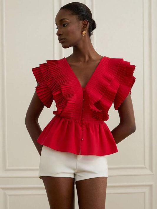 CM-TS888920 Women Elegant Seoul Style V-Neck Flounce Sleeve Multi-Layer Ruffle Pleated Blouse - Red