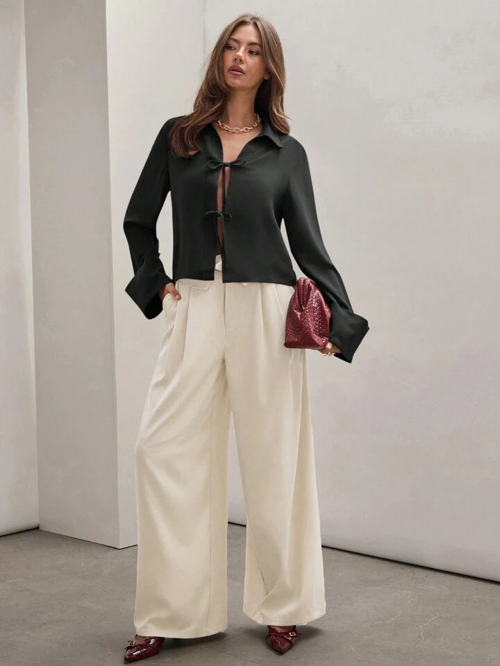 CM-TS834463 Women Trendy Bohemian Style Shirt Collar Front Tie Long Sleeve Shirt - Black
