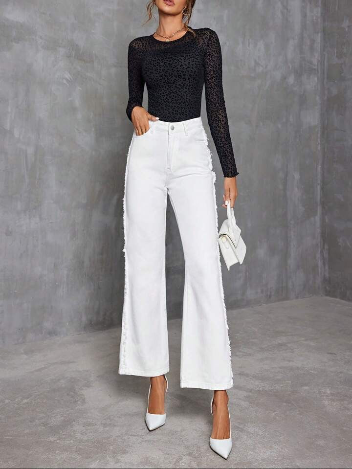 CM-BS728871 Women Casual Seoul Style Long Length Flared Jeans With Frayed Hem - White