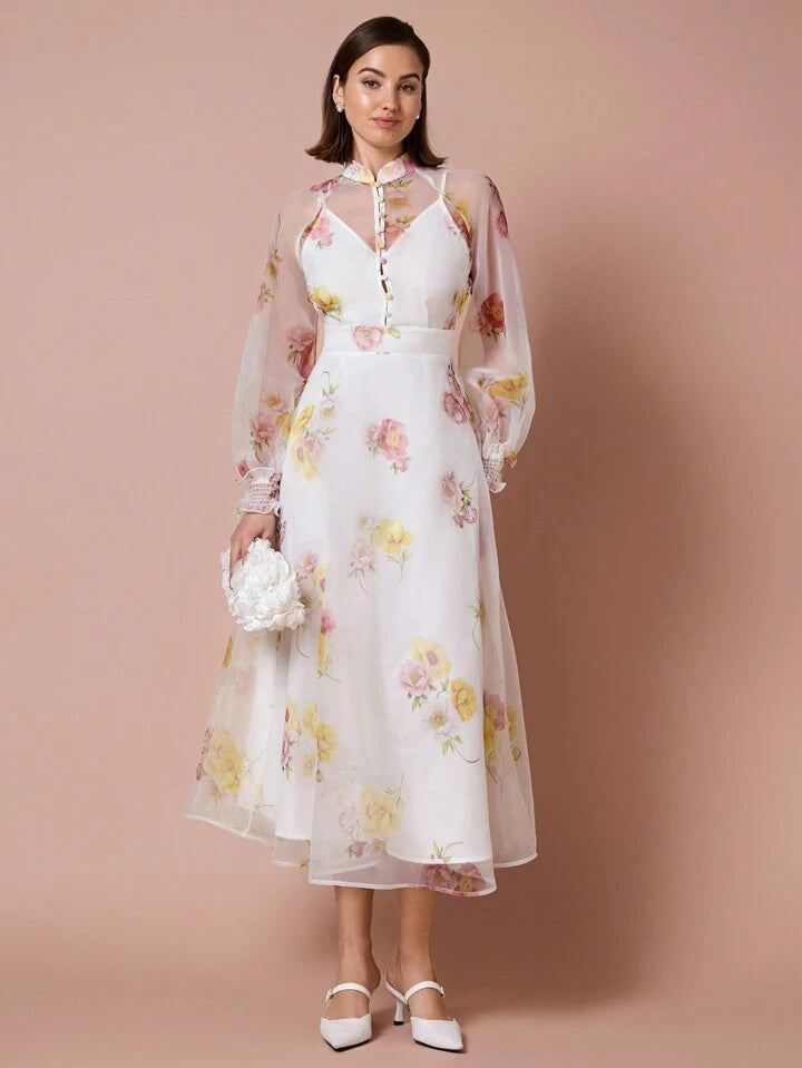 CM-DS711597 Women Elegant Seoul Style Collar Neckline Long Sleeve Floral Print Mesh Overlay Dress