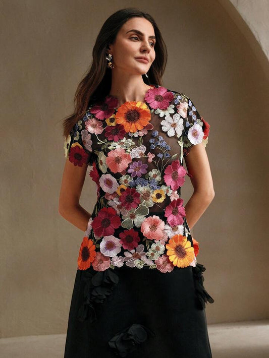 CM-TS496694 Women Elegant Seoul Style Round Neck Flounce Sleeve Embroidery Floral Applique Blouse - Black