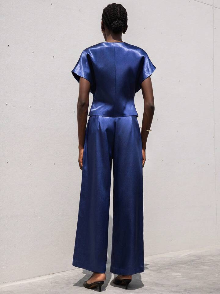 CM-SS792864 Women Elegant Seoul Style Silky Satin One-Button Short Sleeve Blouse With Straight Leg Pants - Set