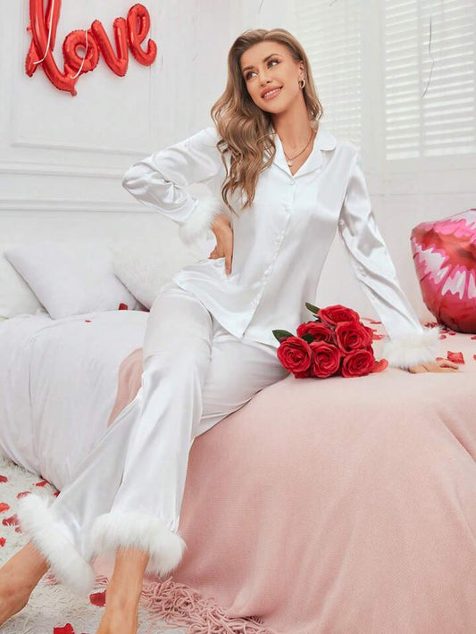 CM-LS888024 Women Trendy Seoul Style Satin Plush Detail Patchwork Pajama Set - White