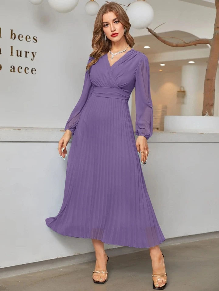 CM-DS365439 Women Elegant Seoul Style Surplice V-Neck High Waist Pleated Hem A-Line Dress - Purple