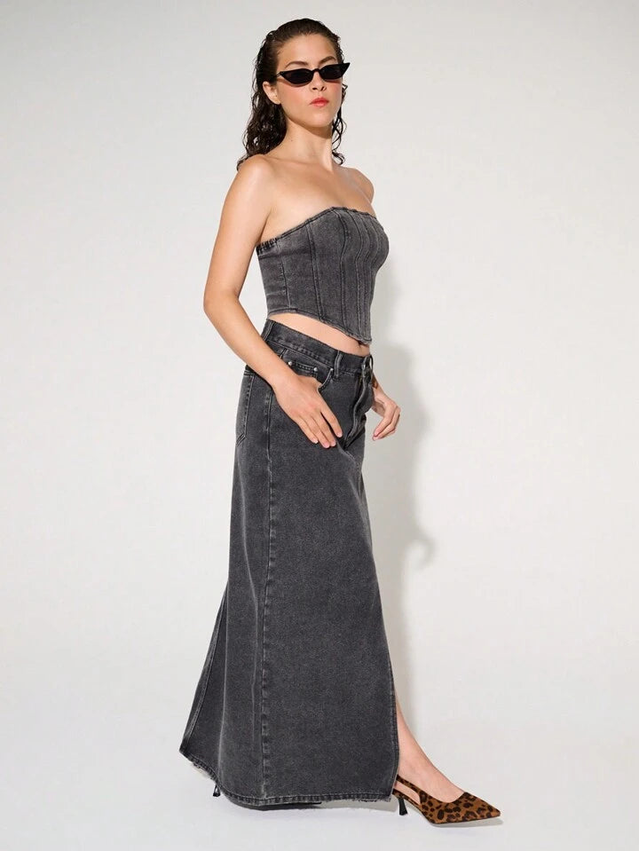 CM-BS352224 Women Casual Seoul Style Non-Stretch Drop Waist Slit Denim Maxi Skirt - Gray