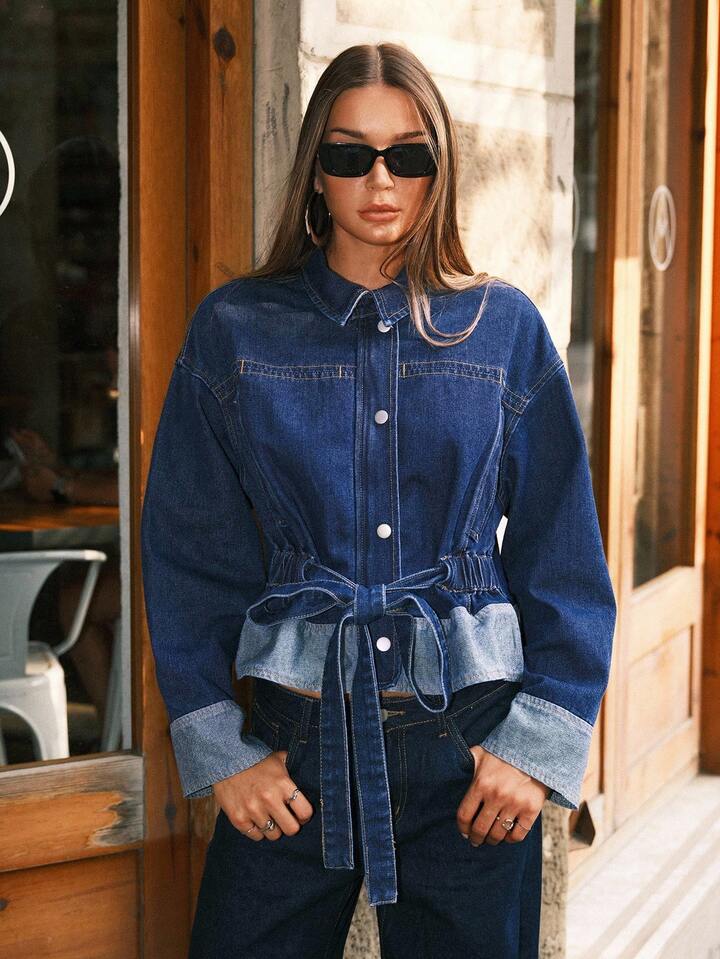 CM-CS044001 Women Elegant Seoul Style Dark Wash Collar Neckline Single Breasted Long Sleeve Denim Jacket