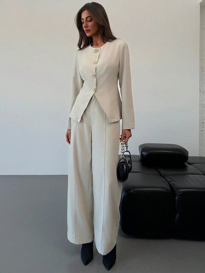 CM-SS011191 Women Elegant Seoul Style Slim Fit Round Neck Long Sleeve Top With Floor-Length Straight Leg Pants - Set