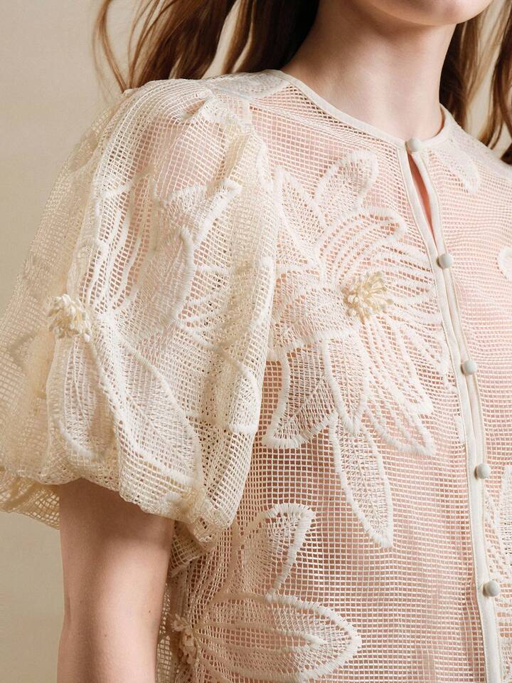 CM-TS586778 Women Elegant Seoul Style Lace Hollow Petal Sleeve Floral Design Blouse - Apricot