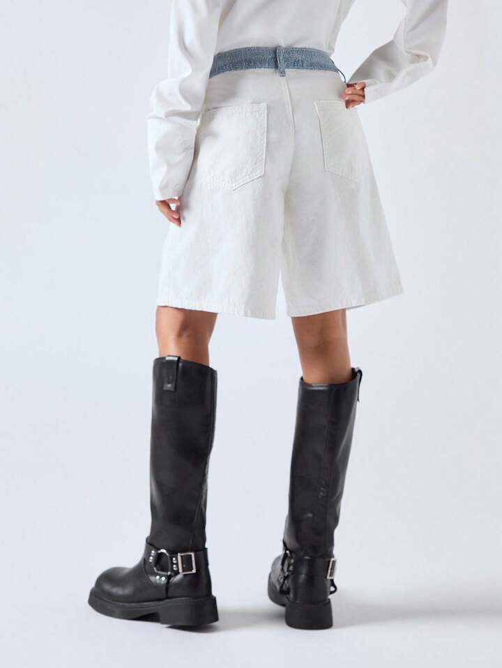CM-BS011632 Women Casual Seoul Style Low Waist Contrast Loose Mid-Length Wide Leg Denim Short Pants