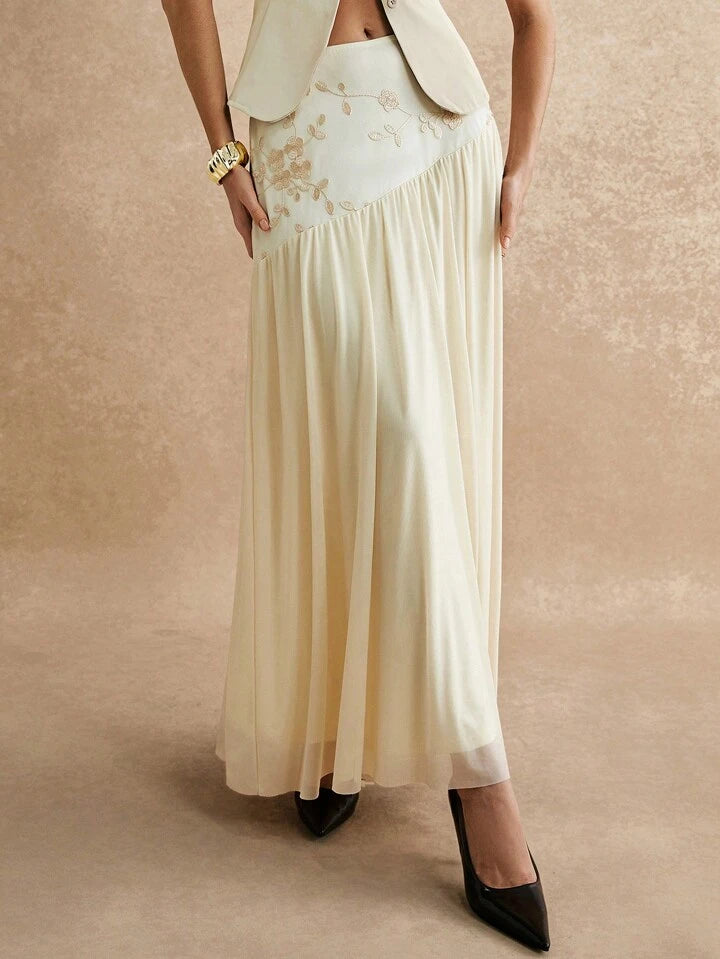 CM-BS131274 Women Elegant Seoul Style High Waist Floral Embroidery Pleated A-Line Skirt - Apricot