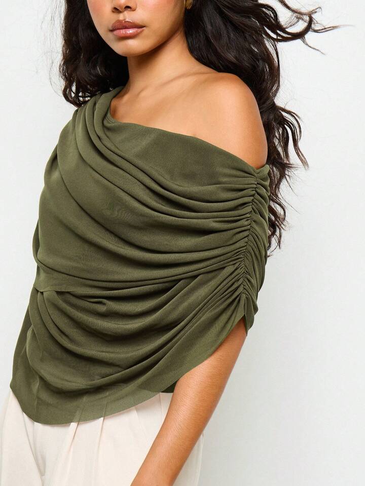 CM-TS345339 Women Elegant Seoul Style Off Shoulder Ruched Draped Long Sleeve Blouse - Army Green
