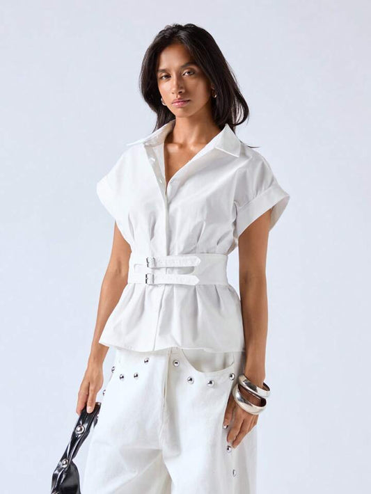CM-TS242297 Women Casual Seoul Style Shirt Collar Batwing Sleeve Tailored Metal-Decorated Belted Shirt - White