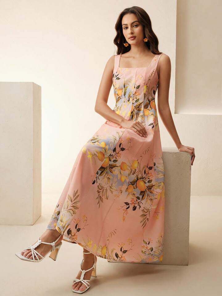CM-DS571404 Women Trendy Bohemian Style Lemon Print Square Neck Sleeveless Mid Waist Maxi Dress