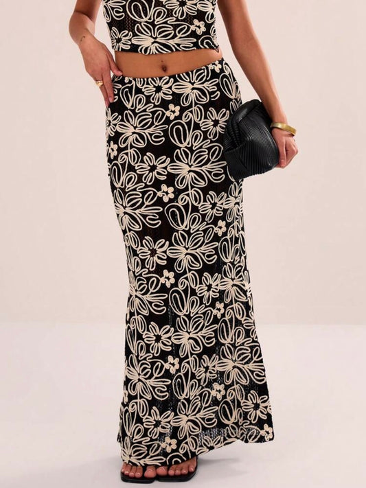 CM-BS466686 Women Trendy Bohemian Style Floral Over-All Print Satin Stretch Maxi Skirt - Black