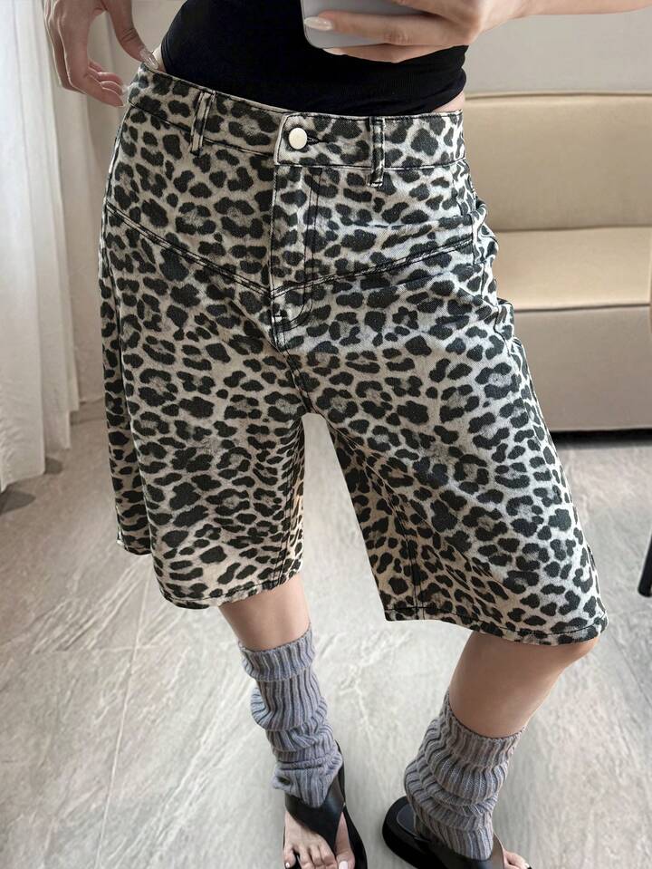 CM-BS269781 Women Casual Seoul Style Mid Waist Print Loose Bermuda Denim Shorts - Brown
