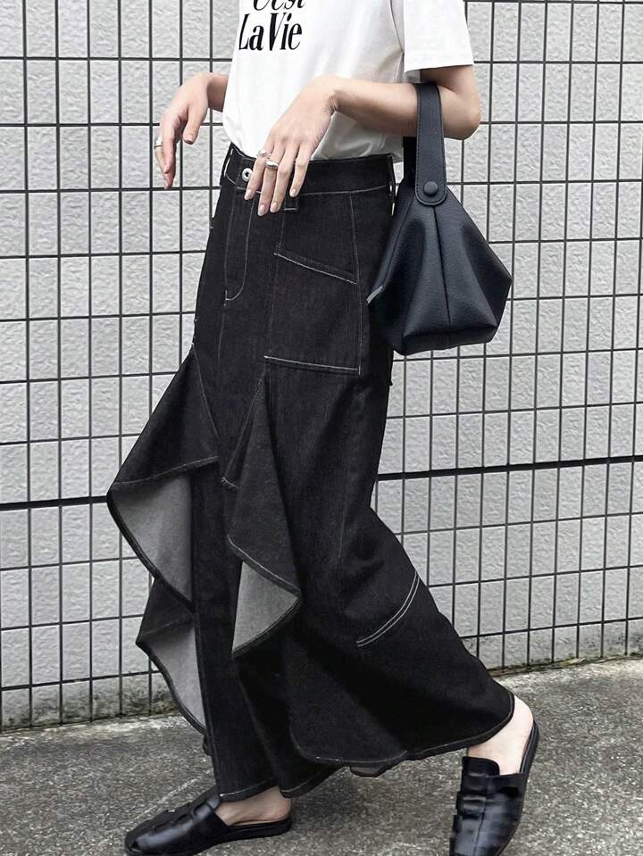 CM-BS727918 Women Casual Seoul Style Multi-Layered Ruffle Patchwork Denim Skirt With Side Slit