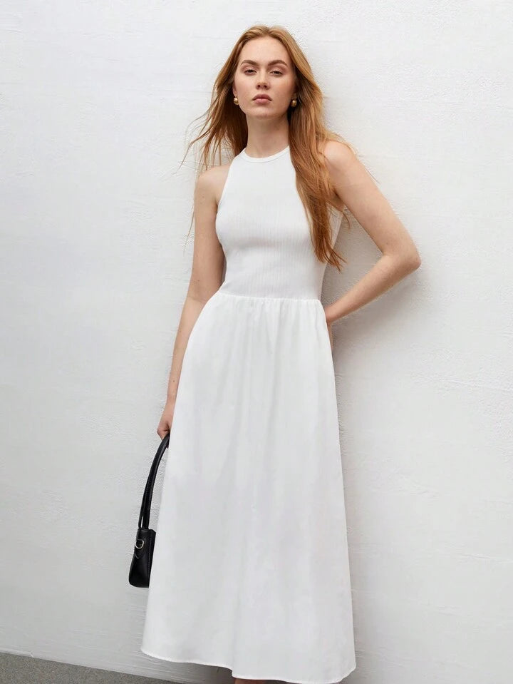 CM-DS653316 Women Trendy Bohemian Style Round Neck Sleeveless High Waist Slim Fit Dress - White