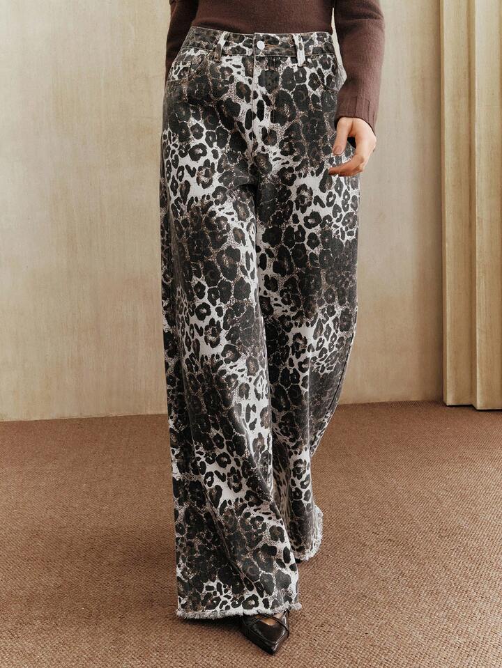 CM-BS966323 Women Casual Seoul Style High Waist Pockets Leopard Print Wide Leg Loose Jeans
