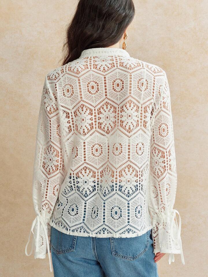 CM-TS656857 Women Trendy Bohemian Style V-Neck Hollow Lace Ruffle Trim Long Sleeve Blouse - White