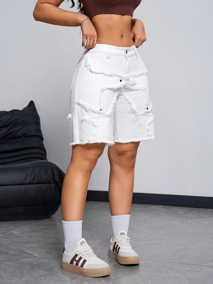 CM-BS881838 Women Casual Seoul Style Patchwork Frayed Hem Bermuda Denim Shorts - White