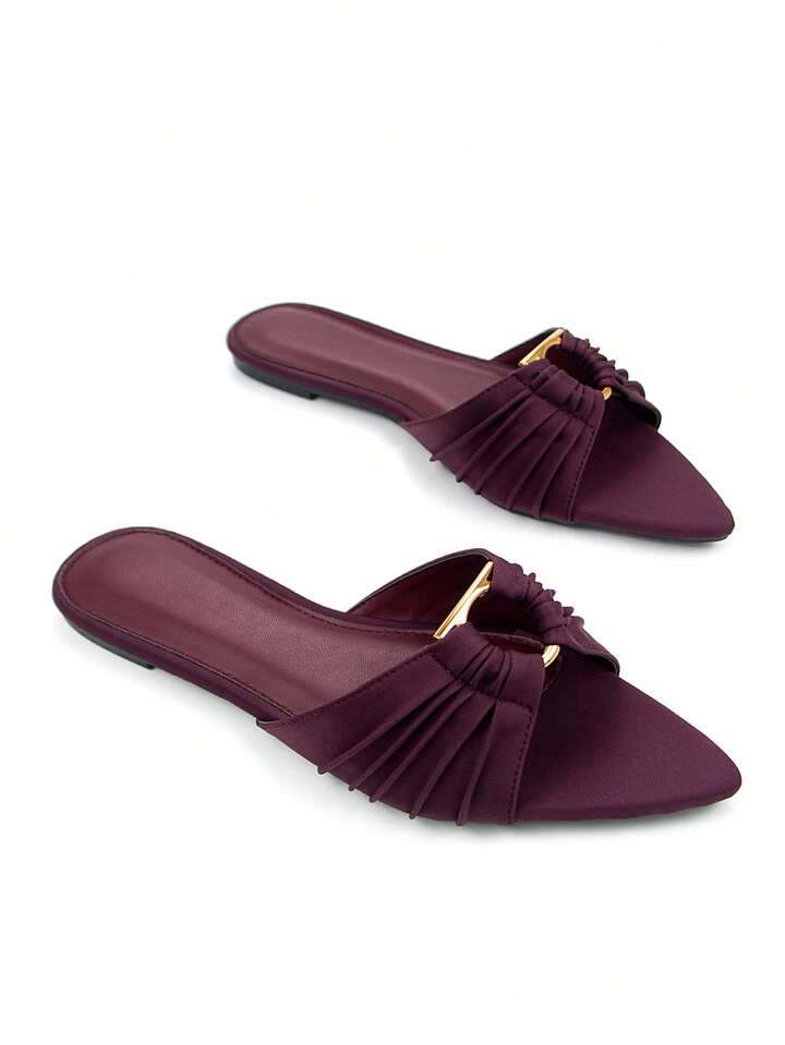 CM-SHS538830 Women Trendy Seoul Style Gold Metal Buckle Ruched Accent Pointed Toe Flat Mule Sandals - Burgundy