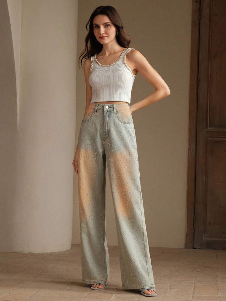 CM-BS298931 Women Casual Seoul Style Mid Waist Rhinestone Decor Floor-Length Denim Pants - Blue