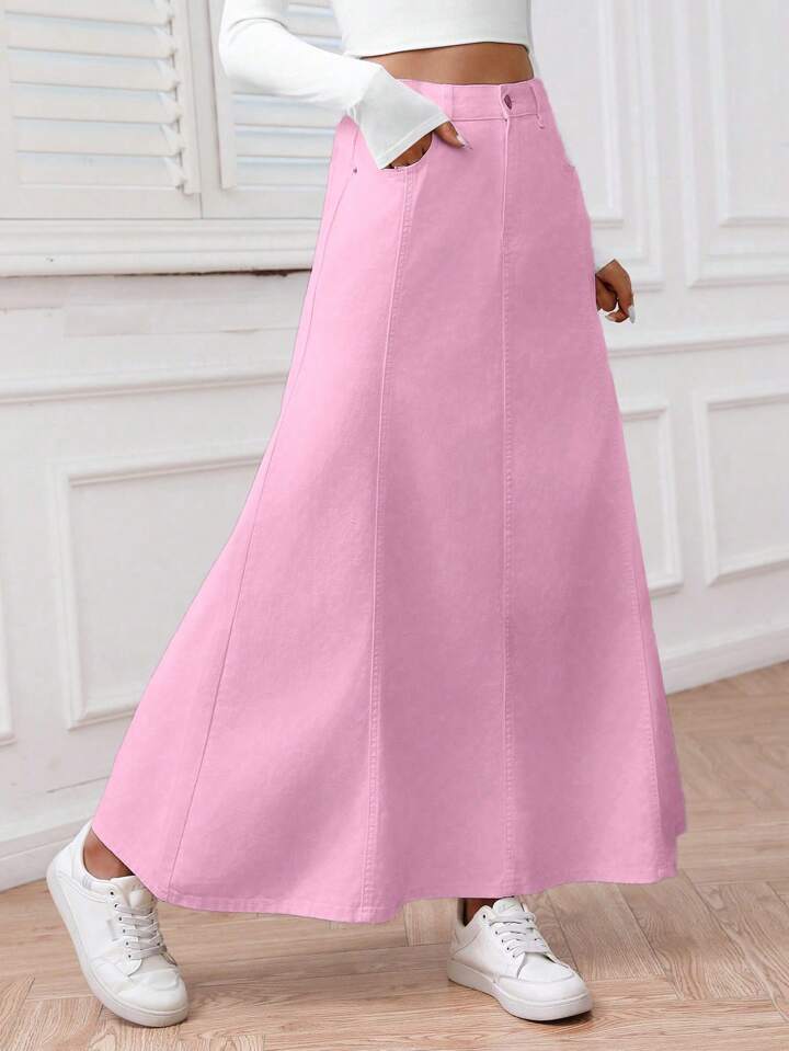 CM-BS696212 Women Casual Seoul Style Solid Color Front Button Pocket Denim Midi Skirt - Pink