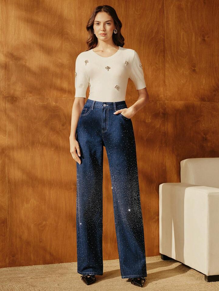 CM-BS444343 Women Casual Seoul Style Dark Wash High Waist Pockets Rhinestone Straight Loose Jeans