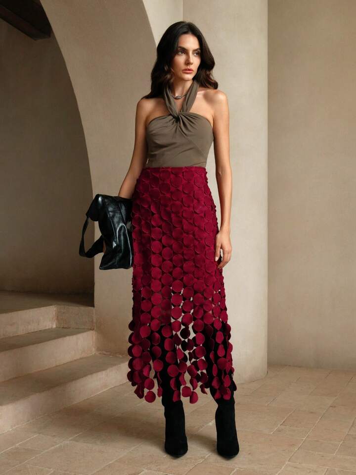 CM-BS381291 Women Elegant Seoul Style Laser Cut Multi Circle Double Layered Skirt - Burgundy